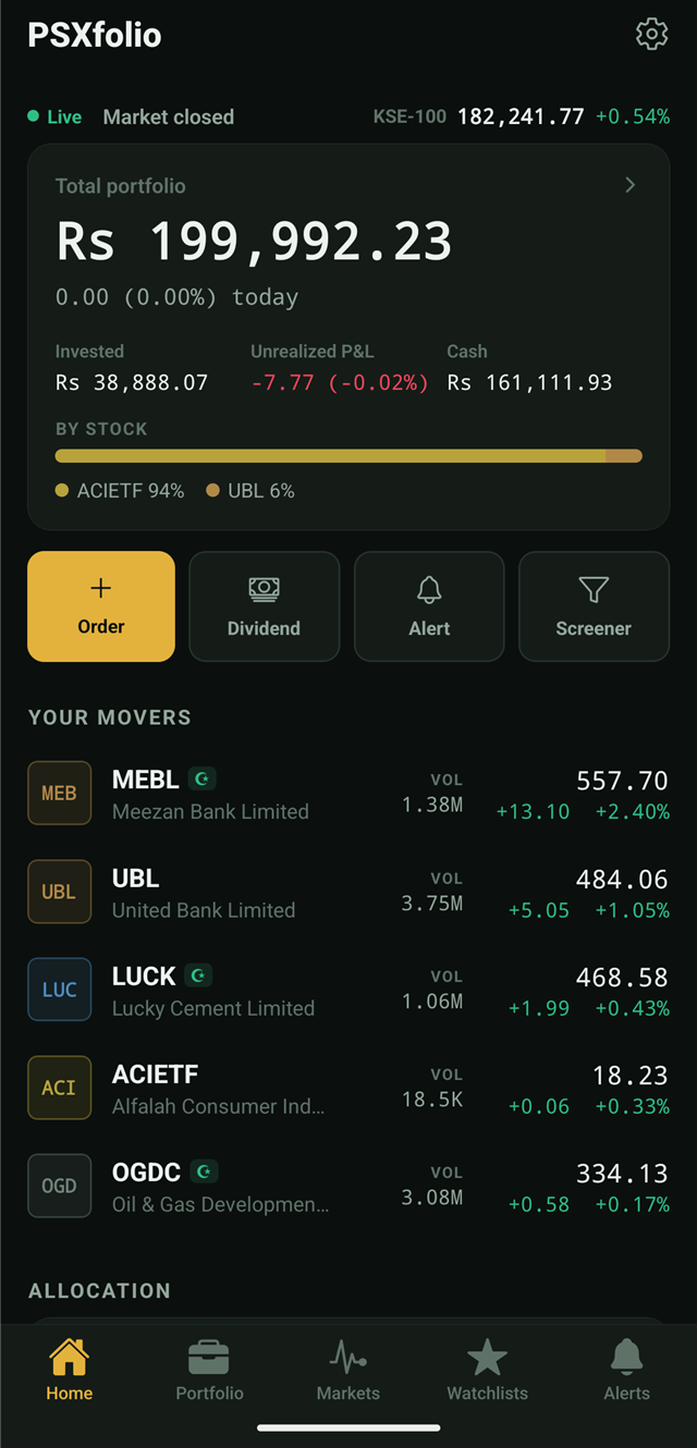 PSXfolio home screen showing live KSE-100, total portfolio value, P&L and top movers