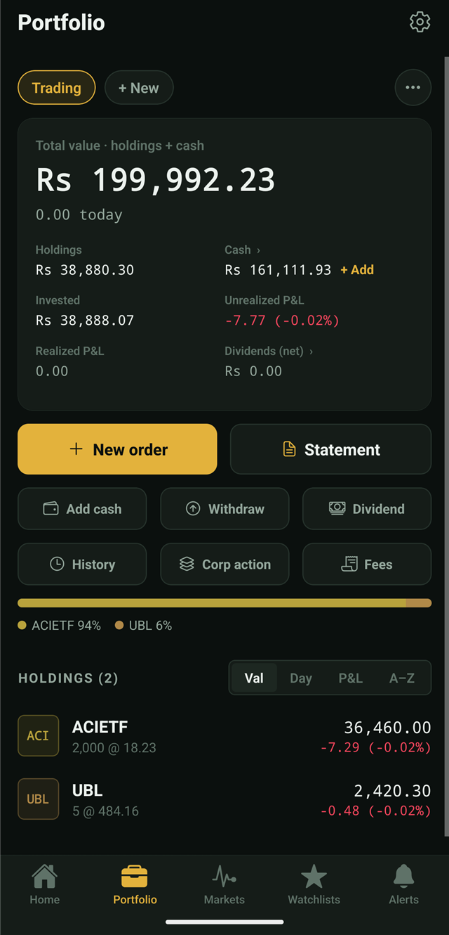 PSXfolio portfolio screen with total value, holdings, cash, realized and unrealized P&L