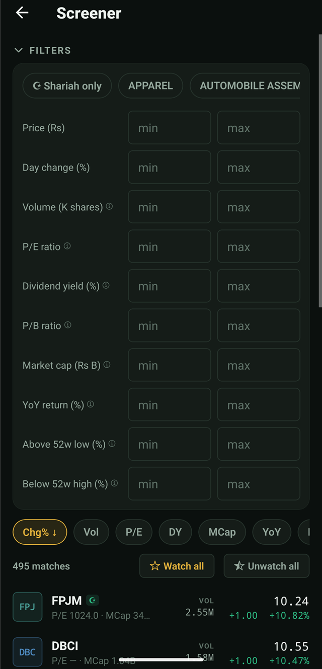PSXfolio screener filtering PSX stocks by P/E, dividend yield, market cap and Shariah compliance